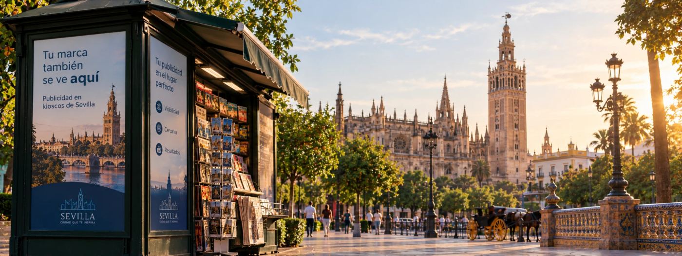 Recreación virtual de un kiosco con carteles publicitarios junto a la Catedral y la Giralda de Sevilla al atardecer