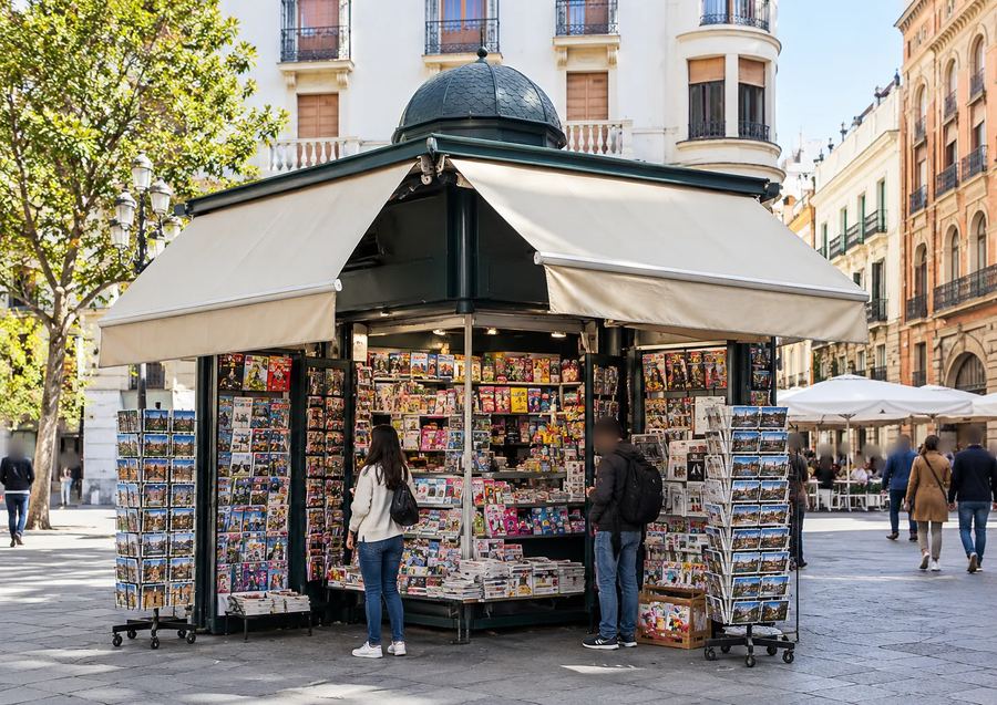 Recreación virtual de un kiosco de prensa con postales y revistas en una plaza del centro de Sevilla