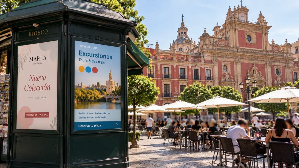 Recreación virtual de un kiosco con dos carteles publicitarios en la plaza del Salvador de Sevilla
