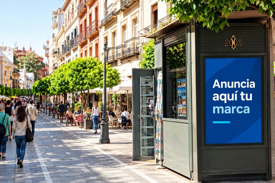 Recreación virtual de un kiosco con un cartel publicitario en una calle peatonal de Sevilla