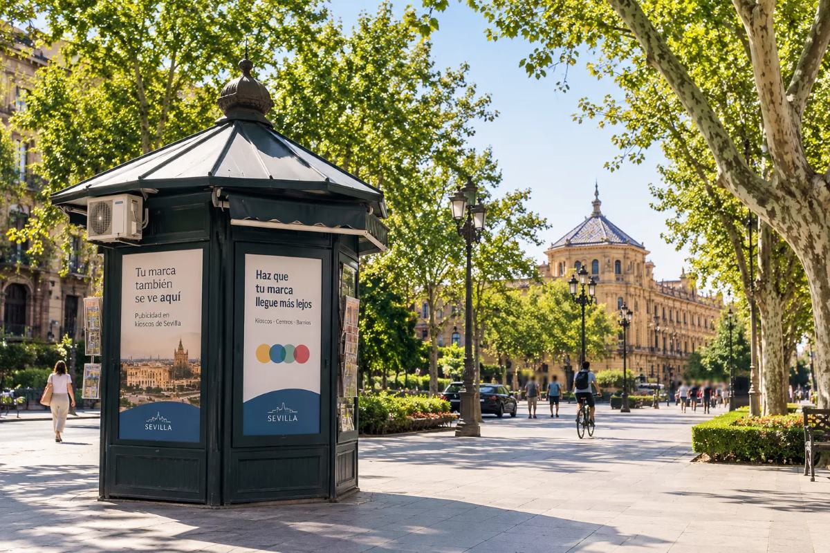 Recreación virtual de un kiosco con carteles publicitarios en un paseo arbolado de Sevilla