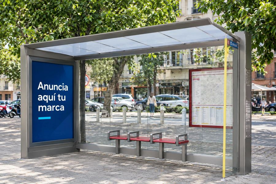 Recreación virtual de una marquesina de parada de autobús con un cartel publicitario en Sevilla