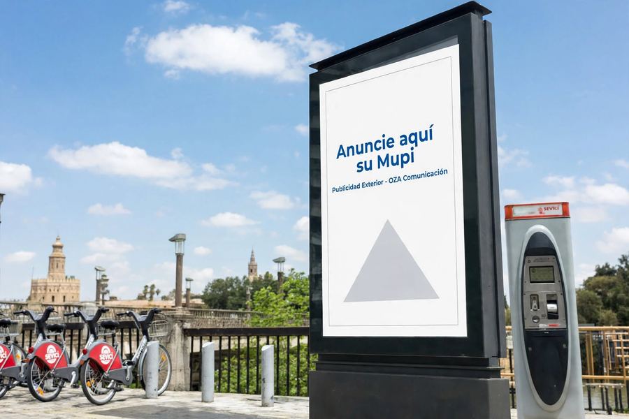 Recreación virtual de un mupi publicitario junto al río en Sevilla, con bicicletas Sevici y la Torre del Oro al fondo