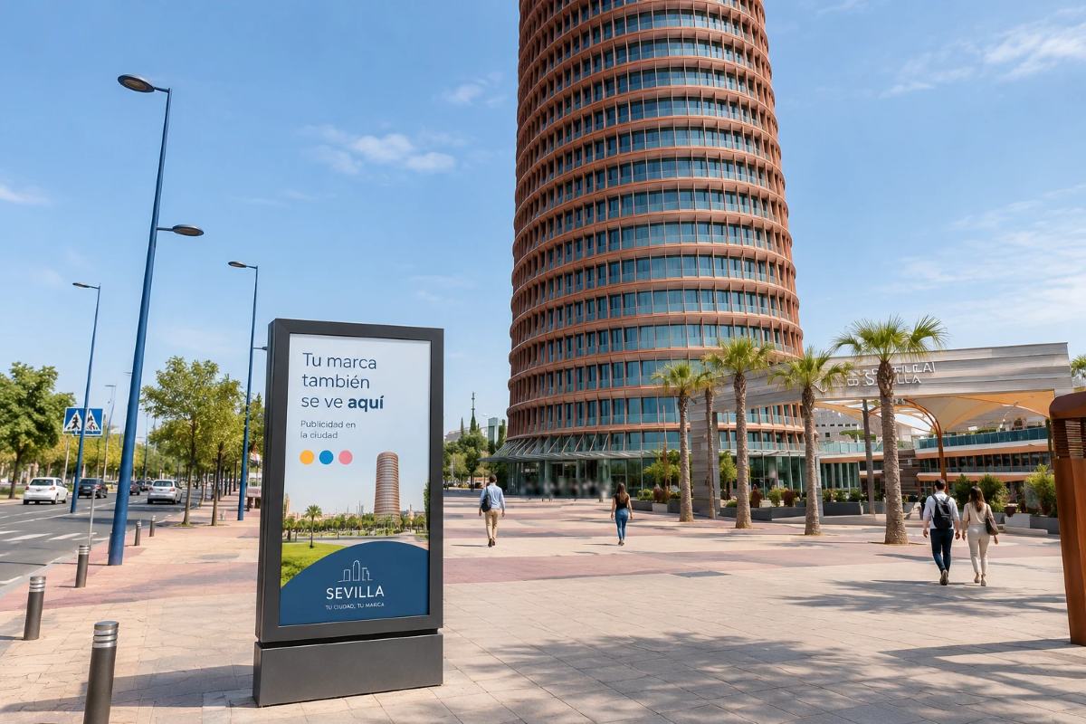 Recreación virtual de un mupi publicitario junto a la Torre Sevilla