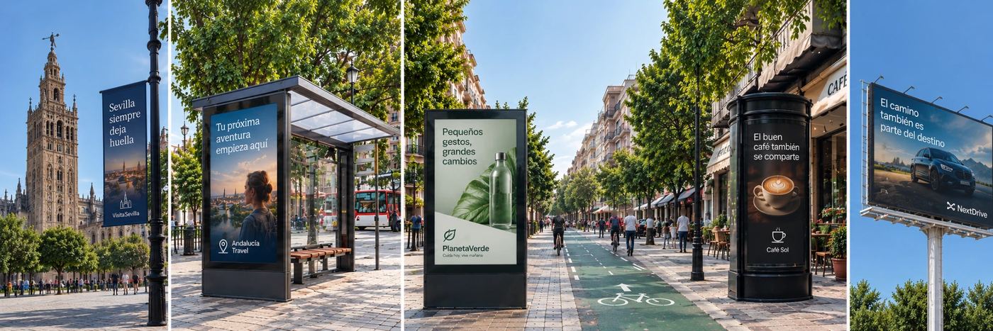 Recreación virtual de soportes de publicidad exterior en Sevilla: banderola junto a la Giralda, marquesina, mupi, columna publicitaria y valla