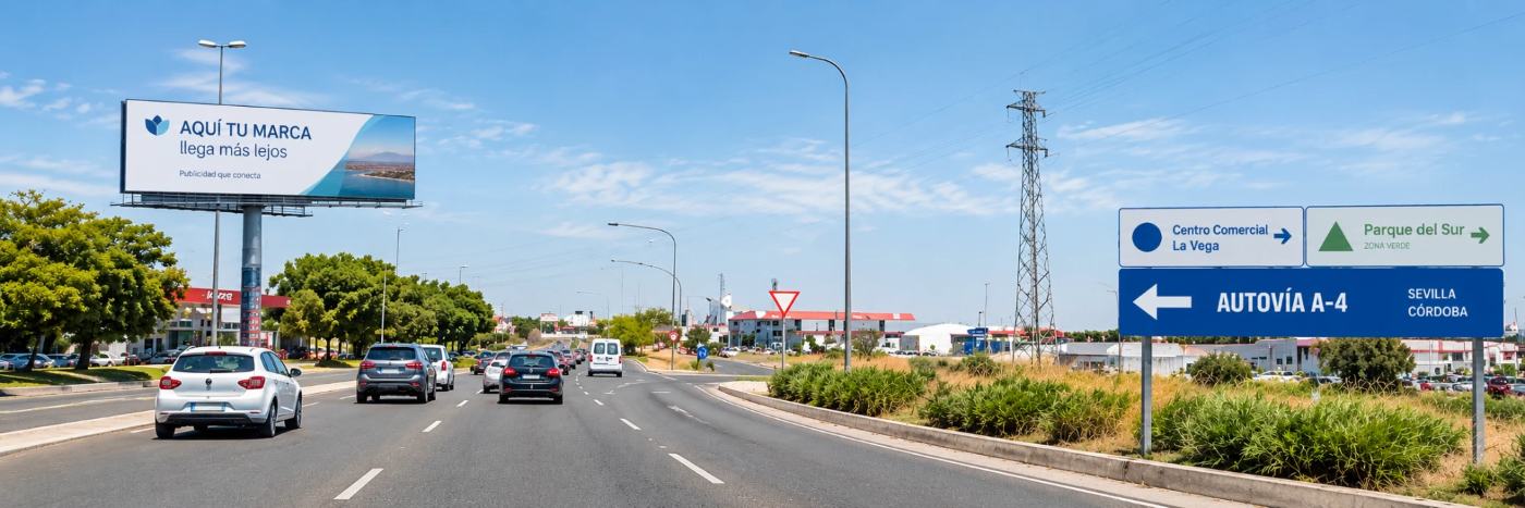 Recreación virtual de una valla publicitaria junto a una carretera de acceso a Sevilla